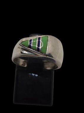 Sterling Silver Green Turquoise Lapis Inlay Ring • Size 5.5